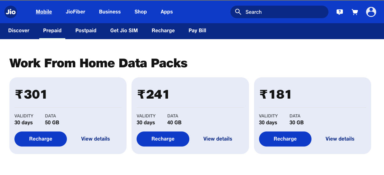 Jio is offering three Work from Home plans to its users currently
